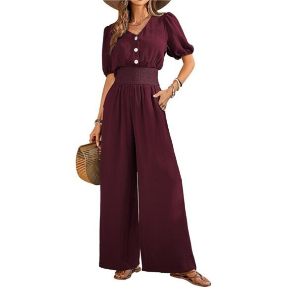 Womens Jumpsuits Short Sleeve V Neck Burgundy